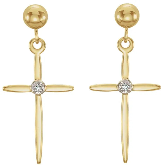 14k Gold Diamond Cross Dangle Earrings